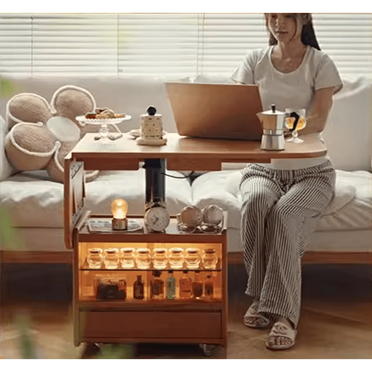 オーク材×強化ガラス使用 高級センターテーブル(銅&ナイロンパーツ採用) fyg-666