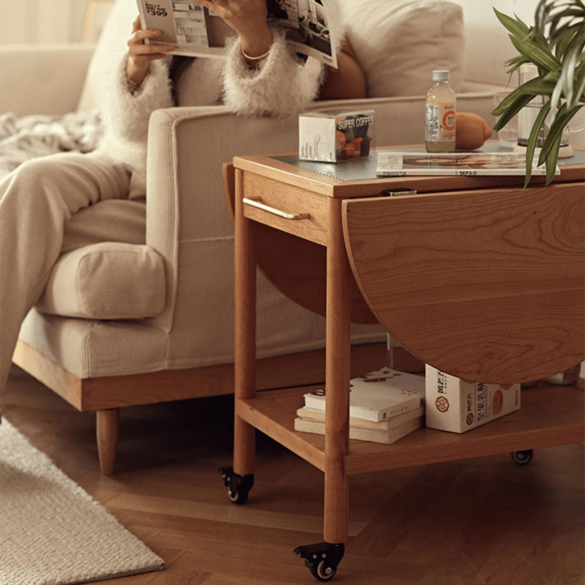 オーク材×強化ガラス使用 高級センターテーブル(銅&ナイロンパーツ採用) fyg-666