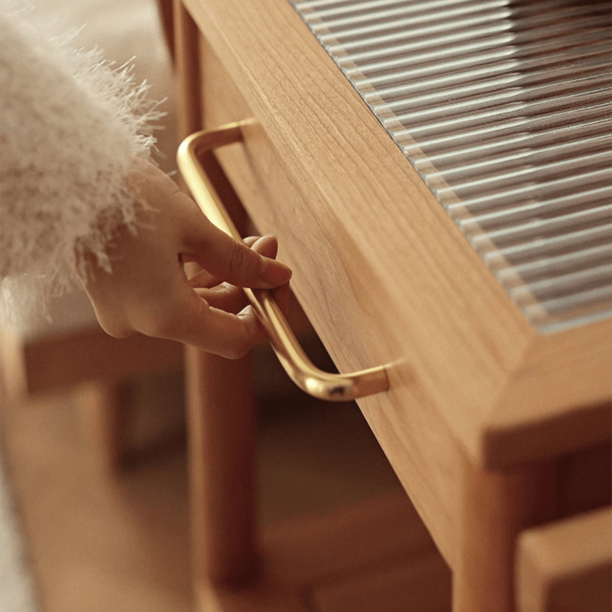 オーク材×強化ガラス使用 高級センターテーブル(銅&ナイロンパーツ採用) fyg-666