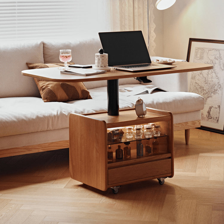 チェリー材×強化ガラスのデザインセンターテーブル 高級感漂う多層板&銅仕上げ fyg-667