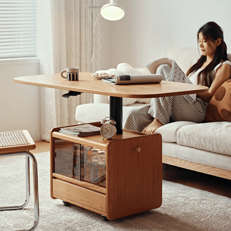 チェリー材×強化ガラスのデザインセンターテーブル 高級感漂う多層板&銅仕上げ fyg-667