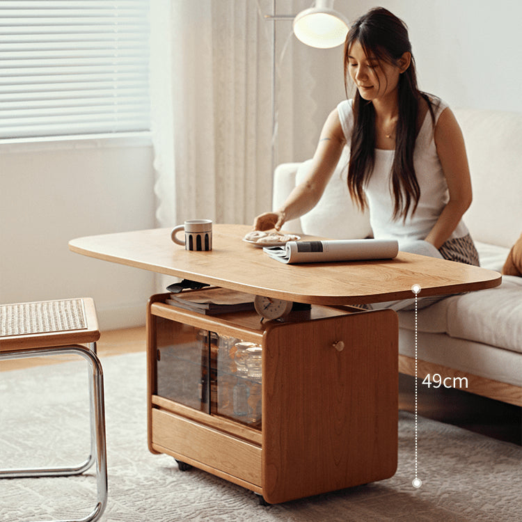 チェリー材×強化ガラスのデザインセンターテーブル 高級感漂う多層板&銅仕上げ fyg-667