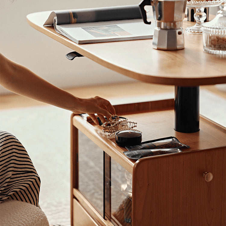 チェリー材×強化ガラスのデザインセンターテーブル 高級感漂う多層板&銅仕上げ fyg-667