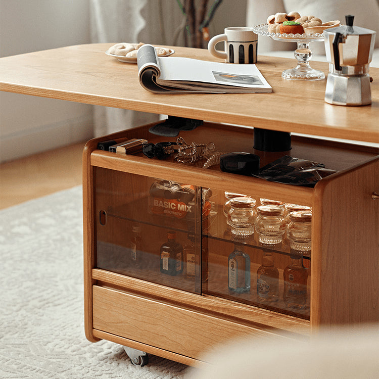 チェリー材×強化ガラスのデザインセンターテーブル 高級感漂う多層板&銅仕上げ fyg-667