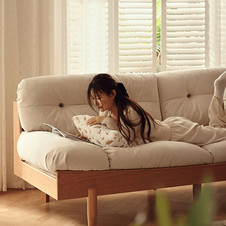 「高級素材使用!チェリー材とパイン、ステンレスフレームのグースダウン入りソファー」 fyg-673