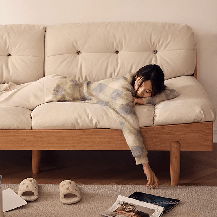 「高級素材使用!チェリー材とパイン、ステンレスフレームのグースダウン入りソファー」 fyg-673