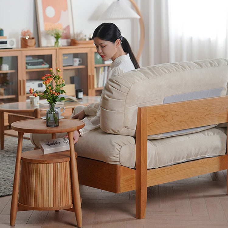 【高級感溢れる】チェリー材 フェザー シリコンフィル 合皮使用の贅沢ソファー|快適な居心地を最適に fyx-826