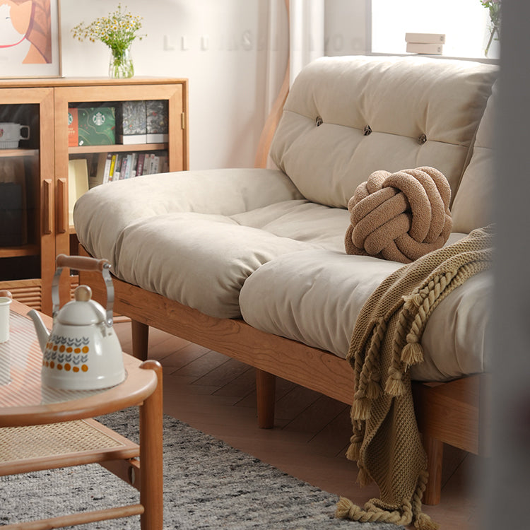 【高級感溢れる】チェリー材 フェザー シリコンフィル 合皮使用の贅沢ソファー|快適な居心地を最適に fyx-826