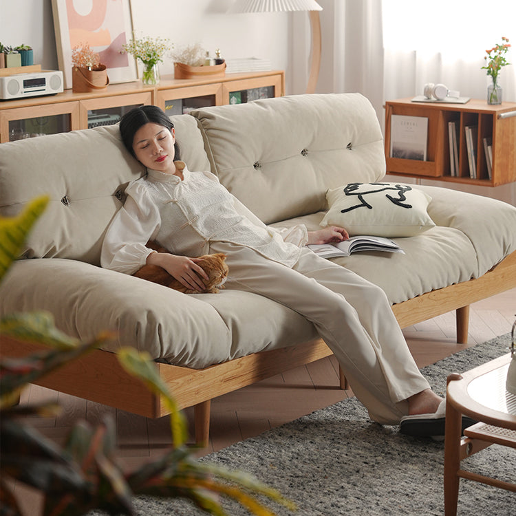 【高級感溢れる】チェリー材 フェザー シリコンフィル 合皮使用の贅沢ソファー|快適な居心地を最適に fyx-826