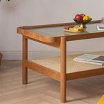 チェリー材&強化ガラス&ラタンの高級感センターテーブル fyx-869