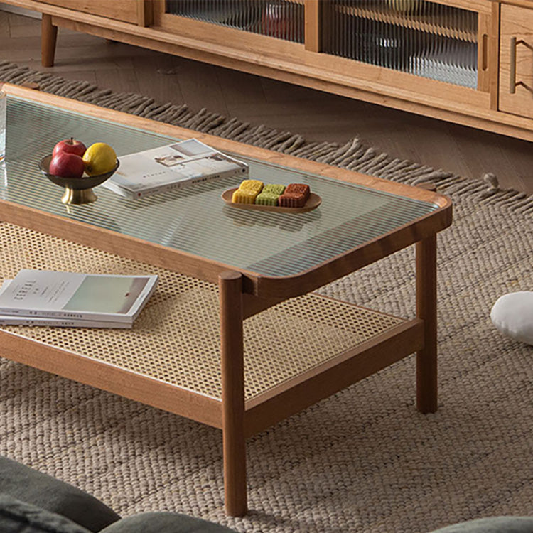 チェリー材&強化ガラス&ラタンの高級感センターテーブル fyx-869