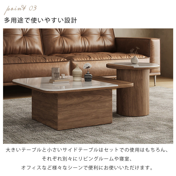 マイクロクリスタルストーンコーヒーテーブルセット北欧シンプルスクエアラウンド原木調ツートンデザイン hagst-5531