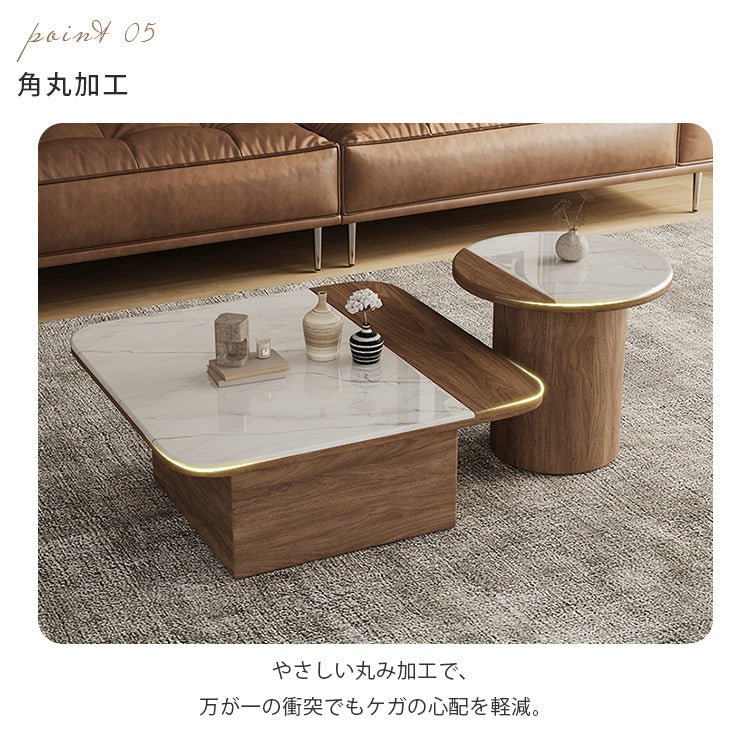 マイクロクリスタルストーンコーヒーテーブルセット北欧シンプルスクエアラウンド原木調ツートンデザイン hagst-5531