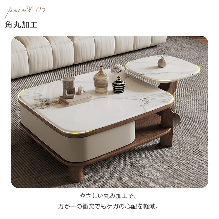 イタリアンラグジュアリーホワイトマイクロクリスタルストーンスクエアコーヒーテーブル回転式収納付き大小セット hagst-5533