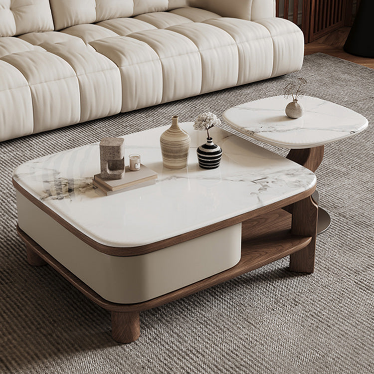 イタリアンラグジュアリーホワイトマイクロクリスタルストーンスクエアコーヒーテーブル回転式収納付き大小セット hagst-5533