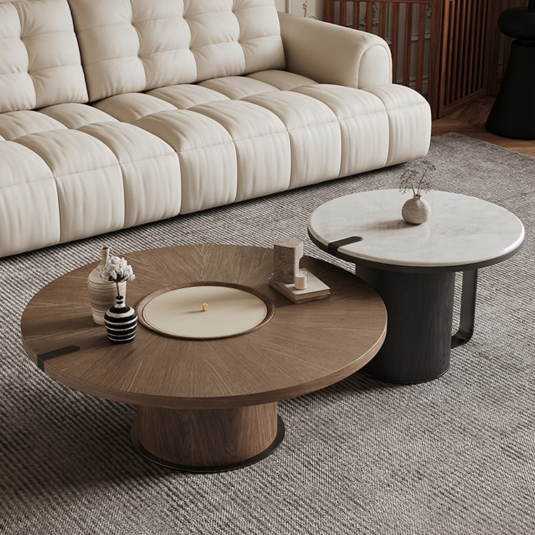 クリームスタイルウォールナット調マイクロクリスタルストーンラウンドコーヒーテーブル中空デザイン大小セット hagst-5534