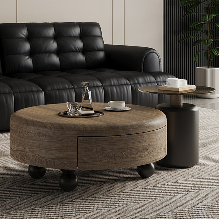 イタリアンミニマルラグジュアリー原木調ガラス天板ラウンドコーヒーテーブル大小収納セット hagst-5535