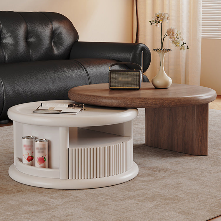 フレンチクリームスタイル原木調ラウンドコーヒーテーブル収納付き大小組合スライド式 hagst-5536