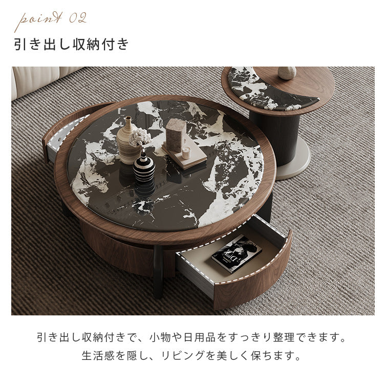 ブラックホワイトマイクロクリスタルストーンラウンドコーヒーテーブル胡桃色大小組合モダンラグジュアリー hagst-5539