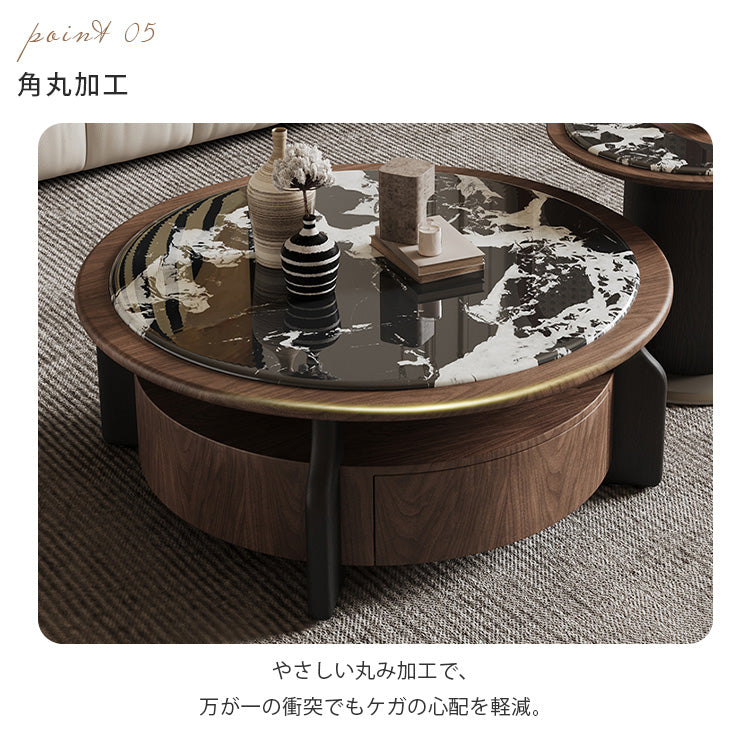 ブラックホワイトマイクロクリスタルストーンラウンドコーヒーテーブル胡桃色大小組合モダンラグジュアリー hagst-5539