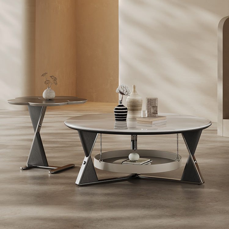 イタリアンラグジュアリーモダンリビングマイクロクリスタルストーンラウンドテーブルクロスレッグ金属フレーム収納付き hagst-5541