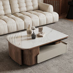 マイクロクリスタルストーン木目調ツートン伸縮収納付きスクエアコーヒーテーブルモダンリビング hagst-5543