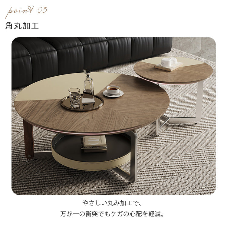 モダンリビングラウンドコーヒーテーブル木目調ツートン金属フレーム収納付きセット hagst-5544