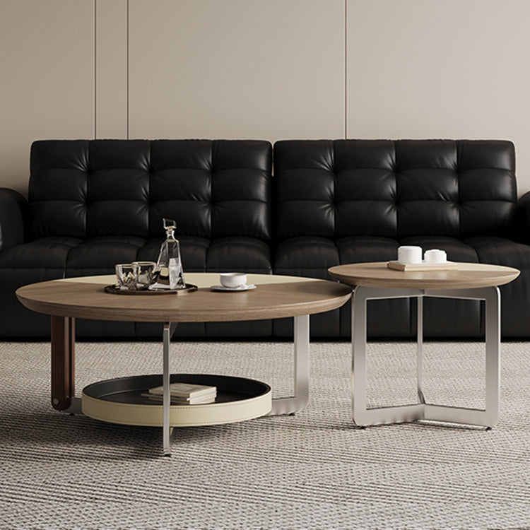 モダンリビングラウンドコーヒーテーブル木目調ツートン金属フレーム収納付きセット hagst-5544