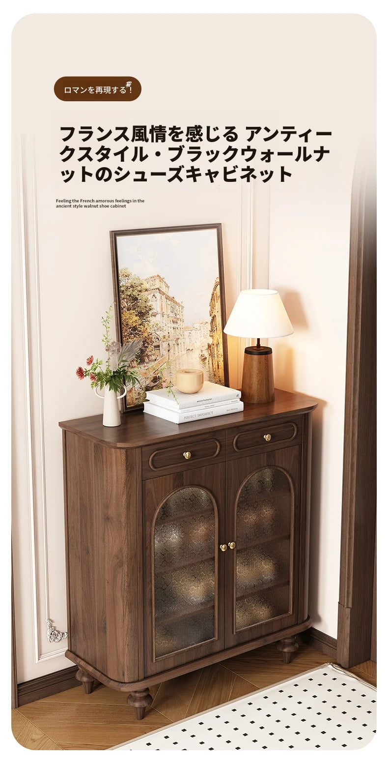 ウォールナット製 キャビネット 大容量 引き出し付き ガラス扉 シンプルでエレガントな収納家具 halmh-5324