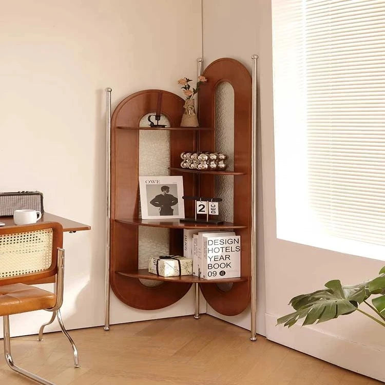 チェリー材とガラスのスタイリッシュラック - ステンレスフレーム付き、コーナーに最適な収納家具 hby-4603