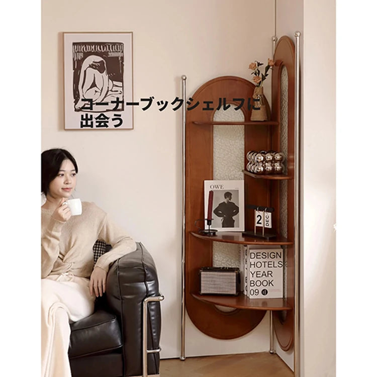チェリー材とガラスのスタイリッシュラック - ステンレスフレーム付き、コーナーに最適な収納家具 hby-4603
