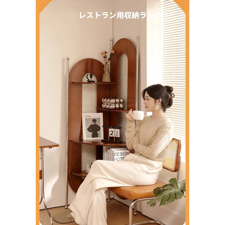 チェリー材とガラスのスタイリッシュラック - ステンレスフレーム付き、コーナーに最適な収納家具 hby-4603