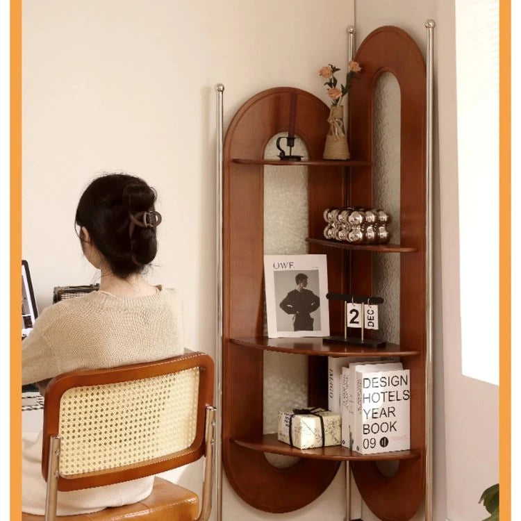 チェリー材とガラスのスタイリッシュラック - ステンレスフレーム付き、コーナーに最適な収納家具 hby-4603