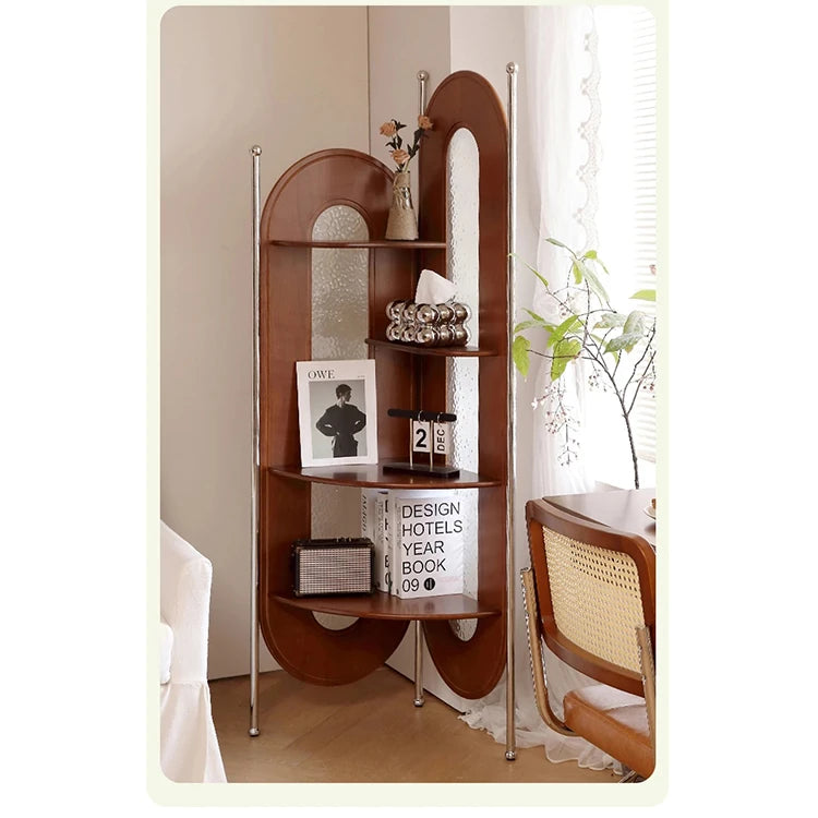 チェリー材とガラスのスタイリッシュラック - ステンレスフレーム付き、コーナーに最適な収納家具 hby-4603