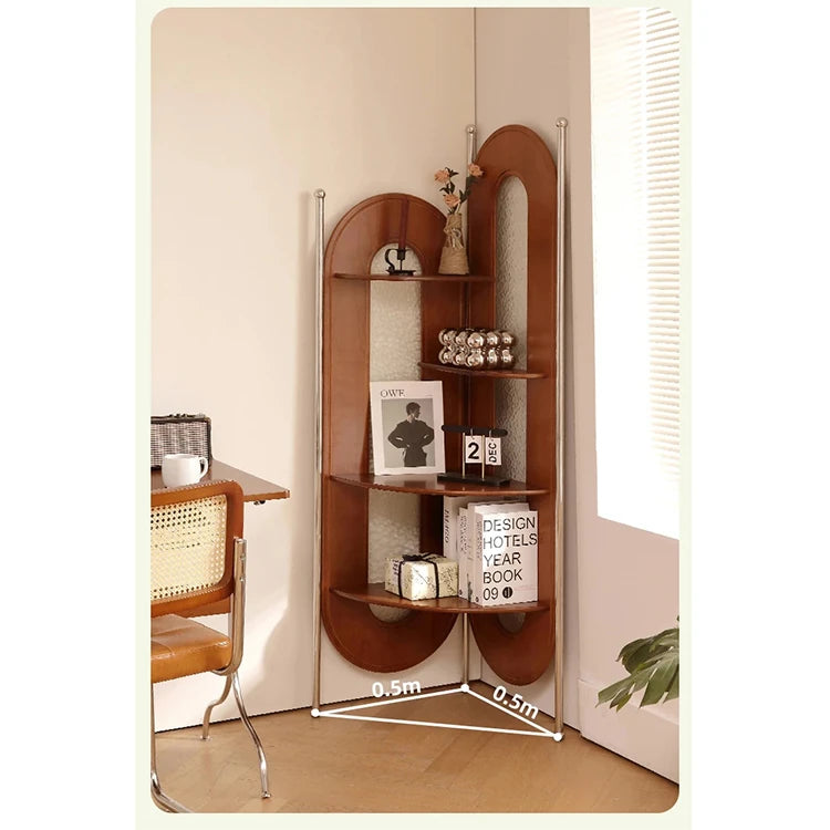 チェリー材とガラスのスタイリッシュラック - ステンレスフレーム付き、コーナーに最適な収納家具 hby-4603