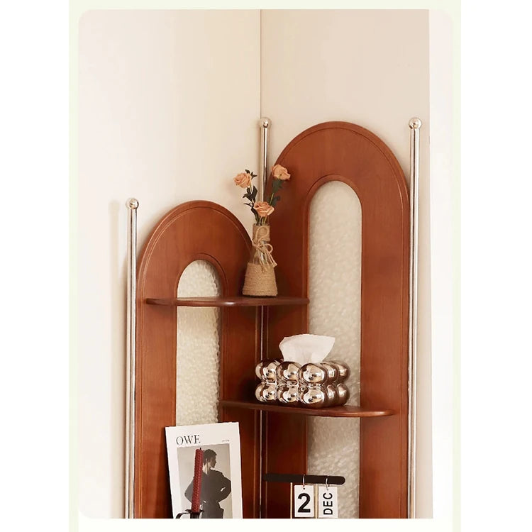 チェリー材とガラスのスタイリッシュラック - ステンレスフレーム付き、コーナーに最適な収納家具 hby-4603