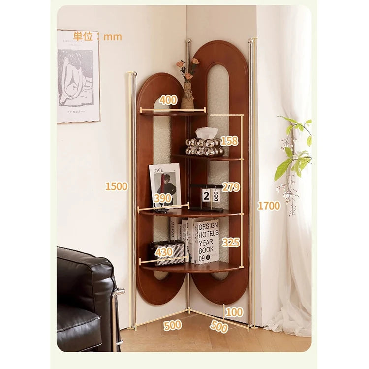 チェリー材とガラスのスタイリッシュラック - ステンレスフレーム付き、コーナーに最適な収納家具 hby-4603