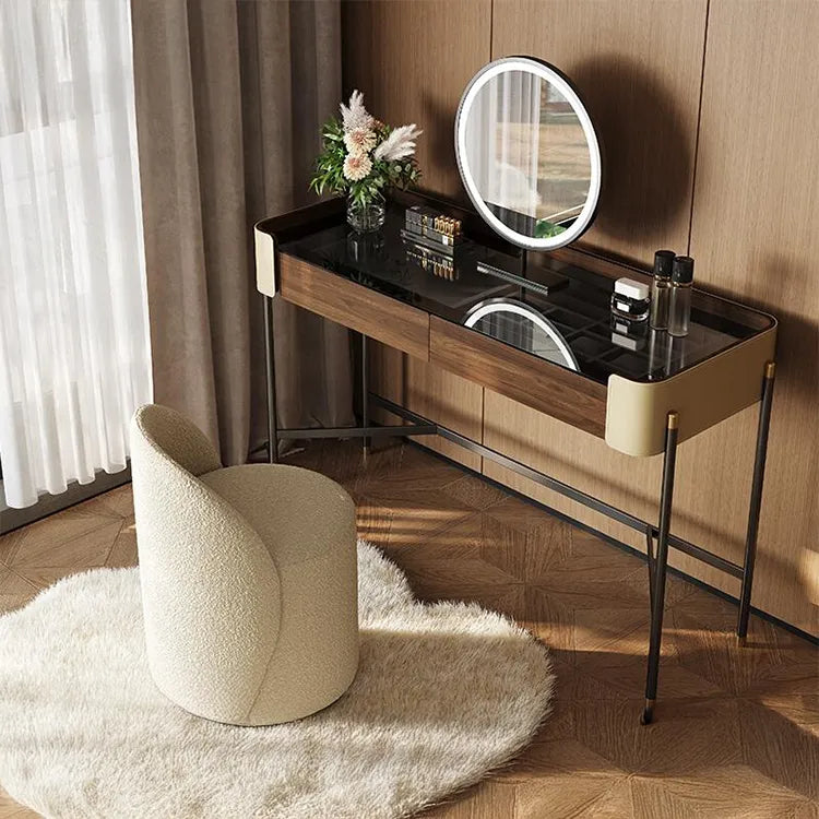 化粧台 ブラウン パイン 強化ガラス 合皮 hdh-3571