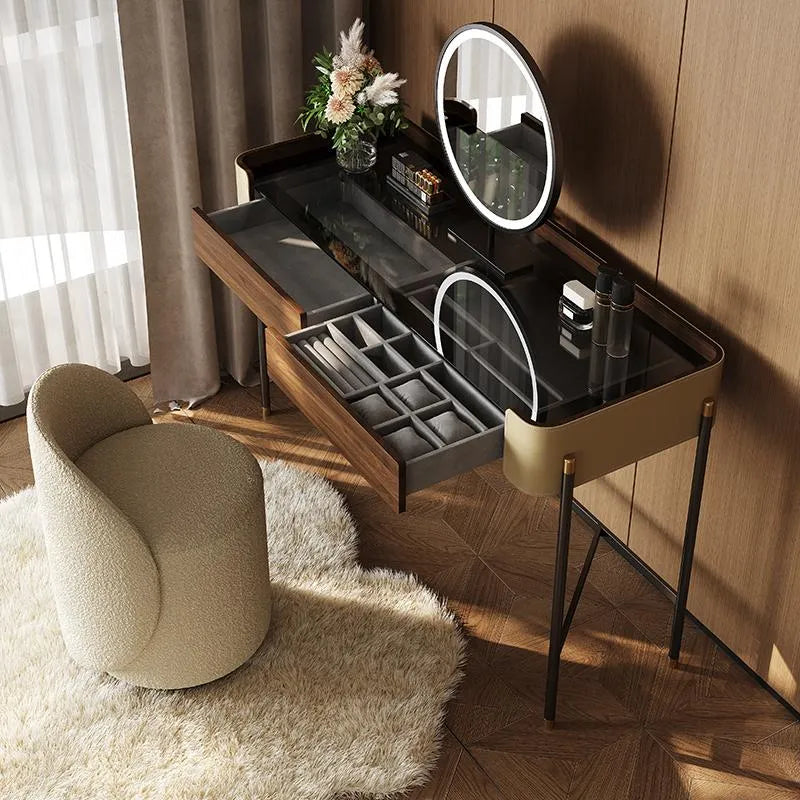 化粧台 ブラウン パイン 強化ガラス 合皮 hdh-3571