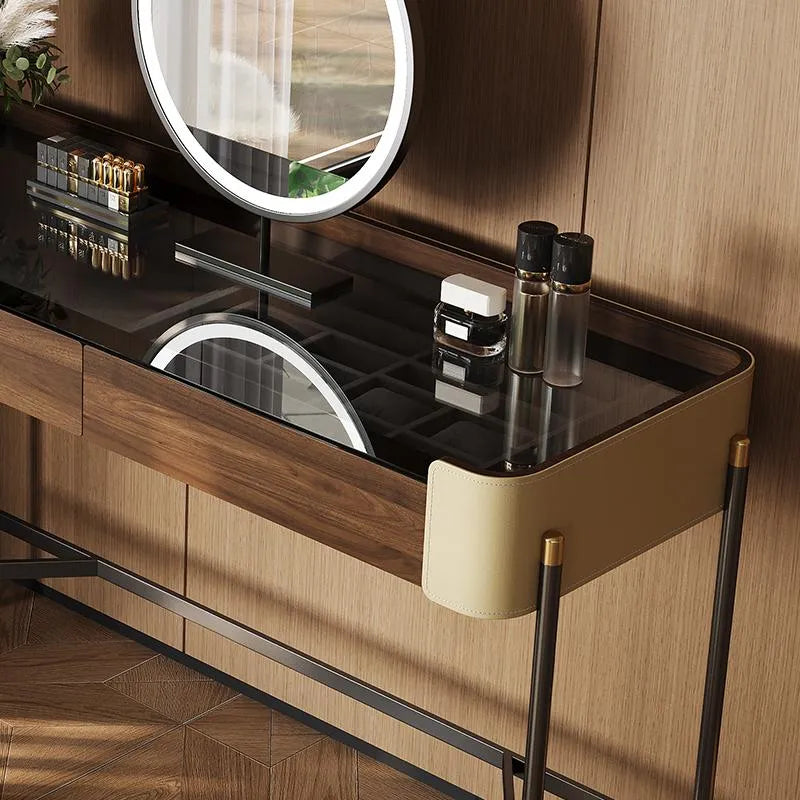 化粧台 ブラウン パイン 強化ガラス 合皮 hdh-3571