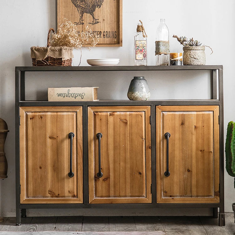 ビンテージスタイル スギ材&アイアンガラスキャビネットセット hdst-4302