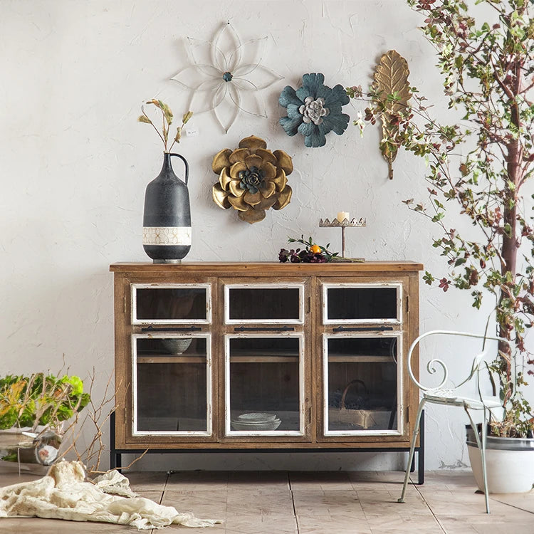 パインウッドガラスキャビネット|アイアンフレーム付きアンティーク収納家具 hdst-4315