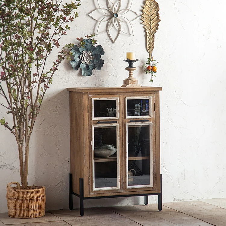 パインウッドガラスキャビネット|アイアンフレーム付きアンティーク収納家具 hdst-4315