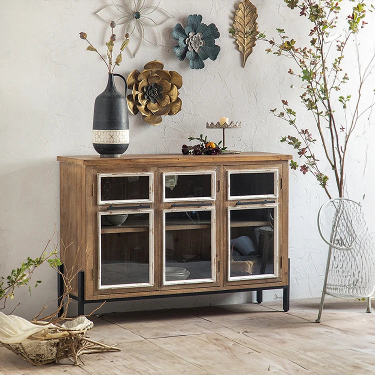 パインウッドガラスキャビネット|アイアンフレーム付きアンティーク収納家具 hdst-4315