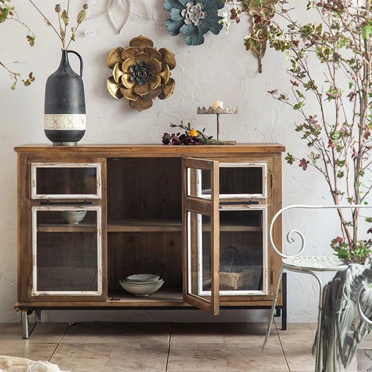 パインウッドガラスキャビネット|アイアンフレーム付きアンティーク収納家具 hdst-4315