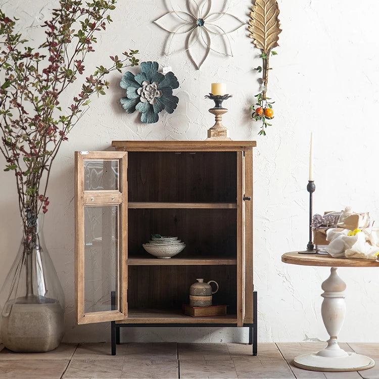 パインウッドガラスキャビネット|アイアンフレーム付きアンティーク収納家具 hdst-4315