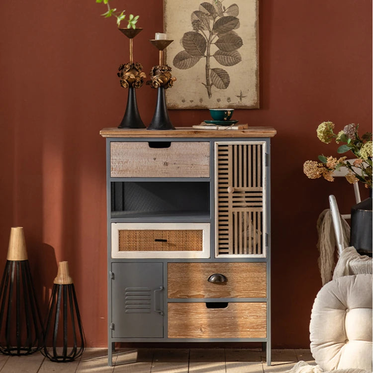 スギ材とアイアンのヴィンテージ調キャビネット|モダン収納家具 hdst-4320