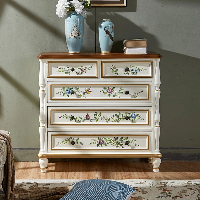 パイン材使用!エレガントな花柄キャビネット - おしゃれな収納家具で空間を彩る hfgxc-4863