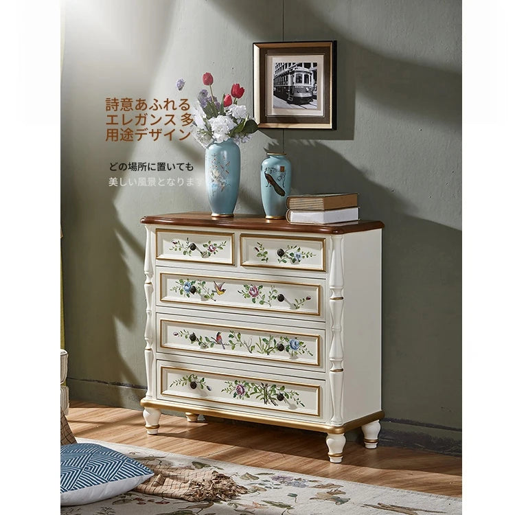 パイン材使用!エレガントな花柄キャビネット - おしゃれな収納家具で空間を彩る hfgxc-4863