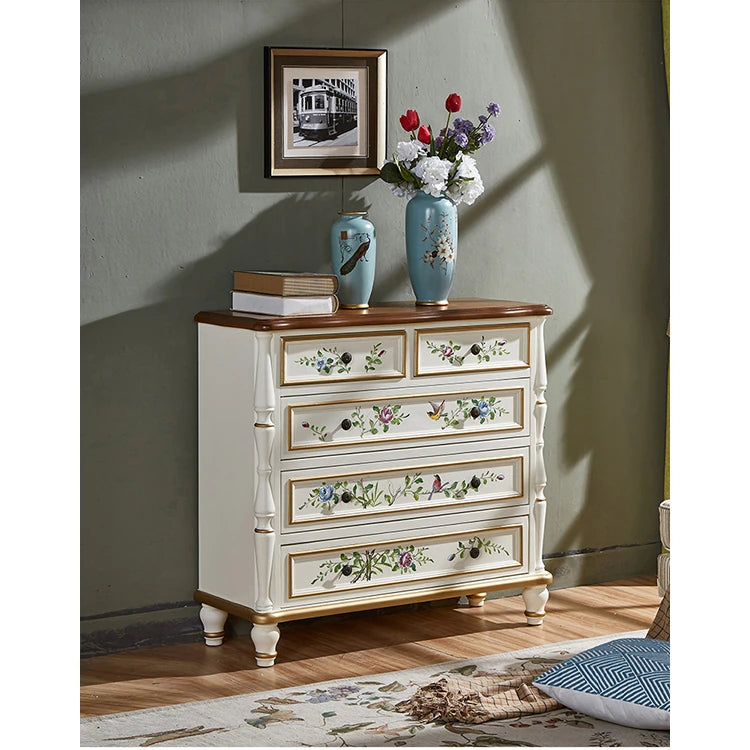 パイン材使用!エレガントな花柄キャビネット - おしゃれな収納家具で空間を彩る hfgxc-4863